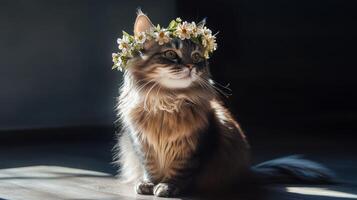 A cat wearing a flower crown sits on a floor photo
