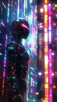 A futuristic robot standing in front of colorful lights photo