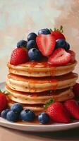 A painting of a stack of pancakes with berries and syrup photo