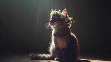 A cat wearing a flower crown sits in the sun photo
