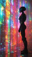 A robot standing in front of a colorful wall photo
