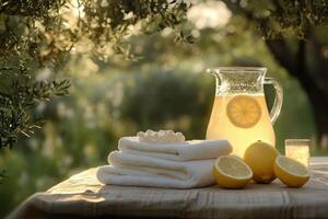 A pitcher of lemonade and towels on a table photo