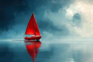 A red sailboat floating on the water photo