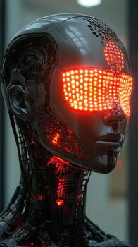 A robot with glowing red eyes photo