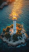 An aerial view of a lighthouse on an island photo