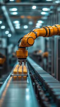 A robotic arm is moving along a conveyor belt photo