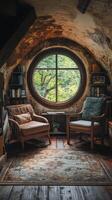 A room with a round window and two chairs photo