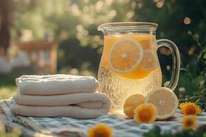 A pitcher of water with lemon slices and towels on a picnic table photo