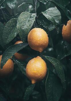 A bunch of lemons hanging on a tree photo