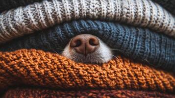 A dog peeking out from under a pile of knitted sweaters photo