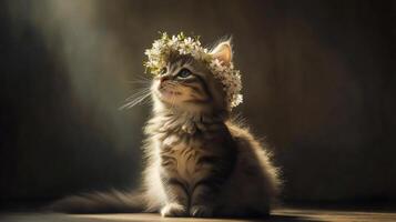 A kitten wearing a flower crown sits in the sun photo