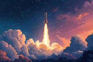 An illustration of a rocket flying into the sky photo