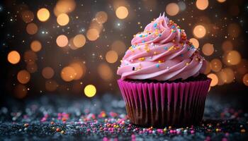 A cupcake with pink frosting and sprinkles on a dark background photo