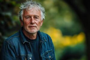 An older man in a denim jacket standing in front of trees photo