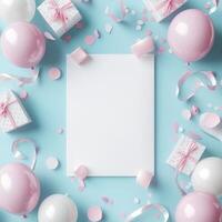 Blank paper with pink balloons and confetti on a blue background photo