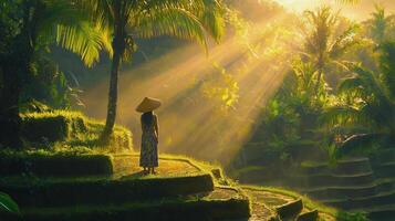 A woman in a hat stands on a terrace in the middle of a jungle photo