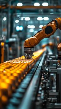 A robotic arm is working on a conveyor belt photo