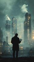 A man standing in front of a city at night photo