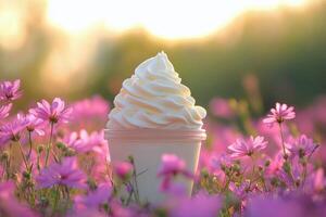 A cup of ice cream sitting in a field of flowers photo