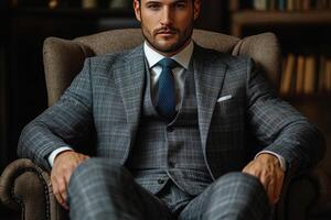 A man in a suit sitting in a chair photo