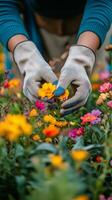 A person wearing gloves picking flowers in a garden photo