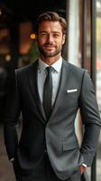 A man in a suit standing outside photo