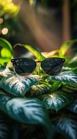 Sunglasses on a plant in the sunlight photo