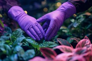 A person wearing purple gloves and holding a plant photo