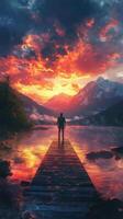 A man standing on a dock at sunset with a beautiful sunset photo