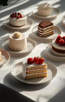 A table with many different cakes on it photo