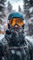 A person wearing a ski mask and goggles in the snow photo