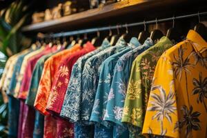 Colorful hawaiian shirts hanging on a rack photo