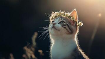 A cat wearing a flower crown in the sun photo
