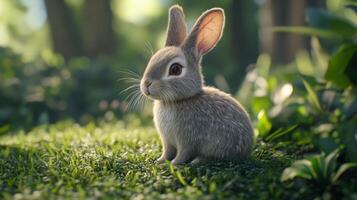 A small rabbit sitting on the grass in the forest photo