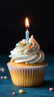 A cupcake with a lit candle on top photo
