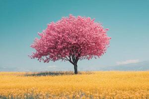 A pink tree stands in a field of yellow flowers photo