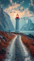 A lighthouse stands on a road near a mountain photo
