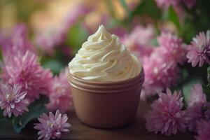 A cup of whipped cream sitting on a wooden table photo