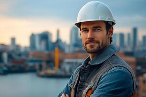A man in a hard hat and vest standing in front of a city photo