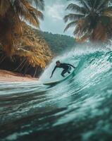 A surfer riding a wave in the ocean photo