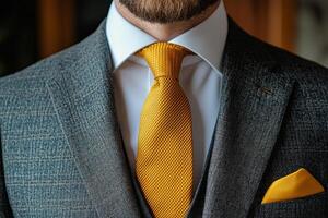 A man in a suit and yellow tie photo