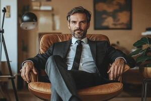 A man in a suit and tie sitting in an office chair photo