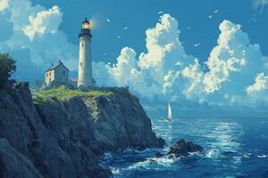 A lighthouse on a cliff overlooking the ocean photo