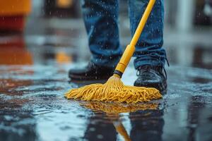 A person is using a yellow mop to clean the ground photo