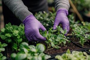 A person wearing purple gloves is tending to plants photo