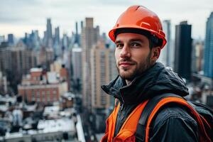 A man in an orange hard hat and safety vest standing in front of a cityscape photo