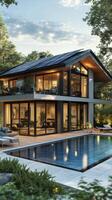 A modern home with a pool and a large deck photo