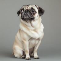 A pug dog sitting on a gray background photo