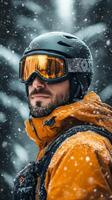 A man wearing a ski helmet and goggles in the snow photo