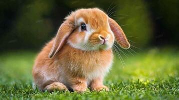 A small brown rabbit sitting on the grass photo